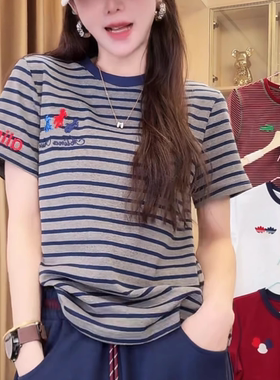设计感字母刺绣条纹短袖T恤女2025夏季新款休闲百搭显瘦圆领上衣