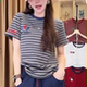 新款 设计感字母刺绣条纹短袖 T恤女2025夏季 休闲百搭显瘦圆领上衣