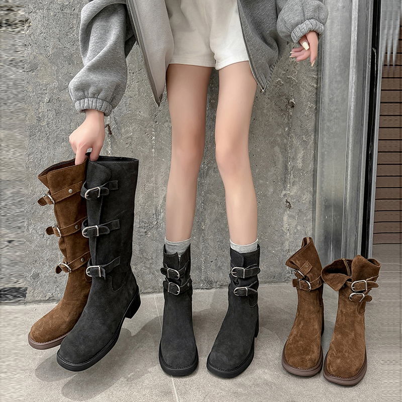 复古磨砂骑士靴圆头西部靴堆堆靴