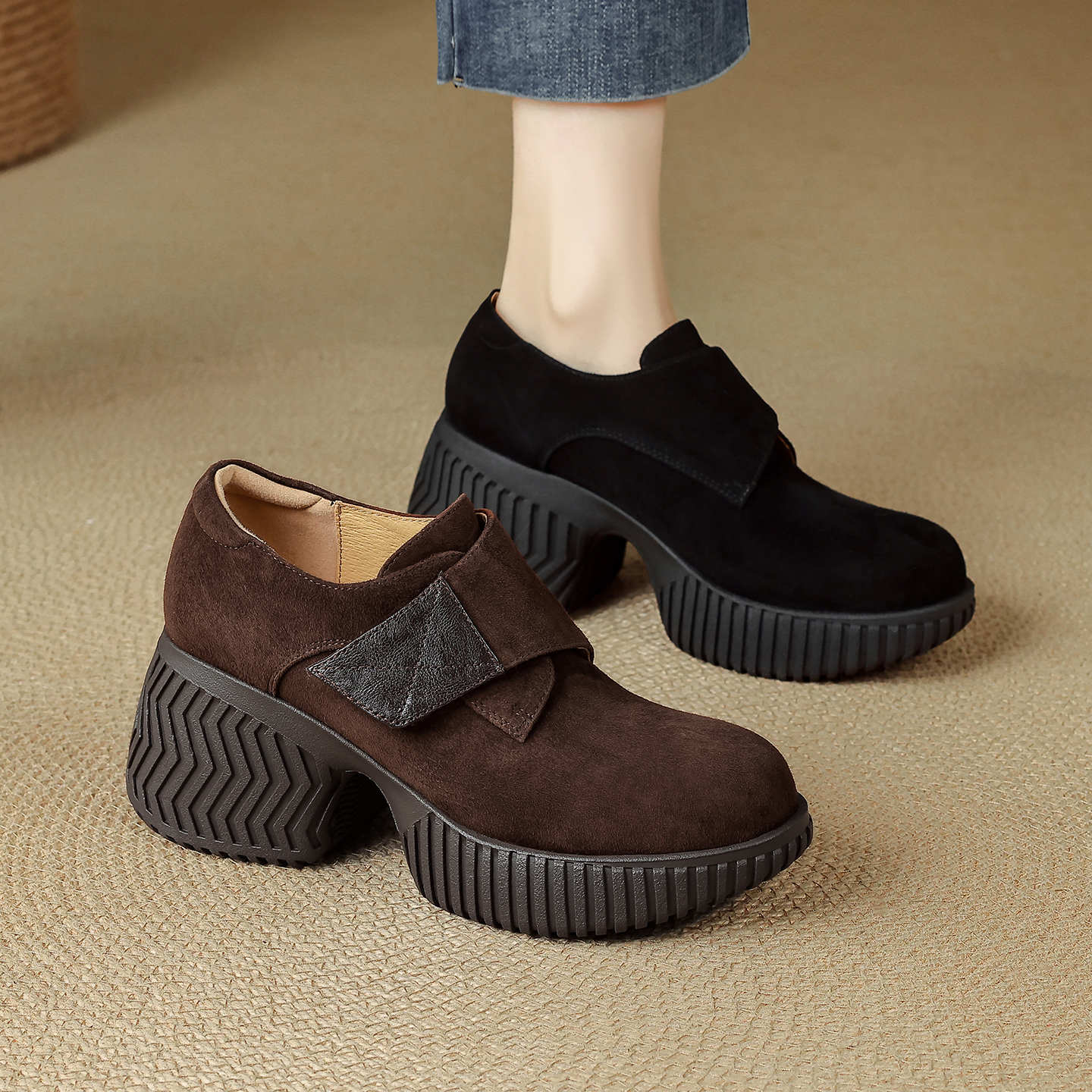 8cm磨砂真皮圆头厚底高跟鞋