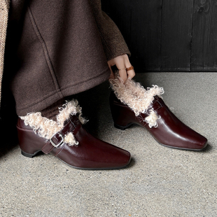 6cm法式轻奢加绒单鞋女冬季方头高跟内增高深口小皮鞋保暖毛毛鞋