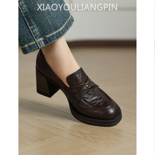 英伦风一脚蹬百搭厚底单鞋 7.5cm真皮高跟山茶花乐福鞋 女2026新款