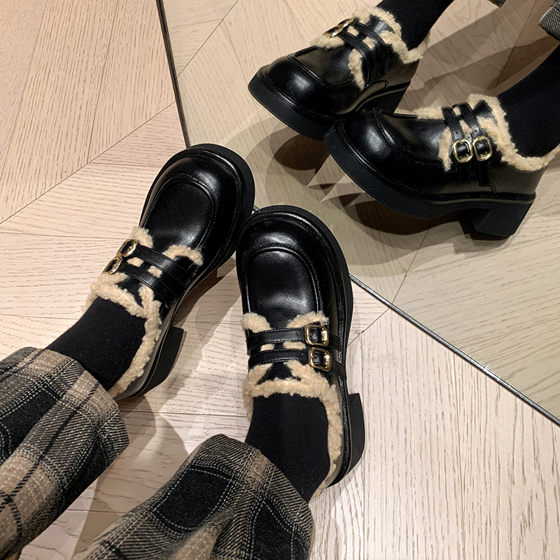 真皮乐福鞋女秋冬款加绒保暖爆款