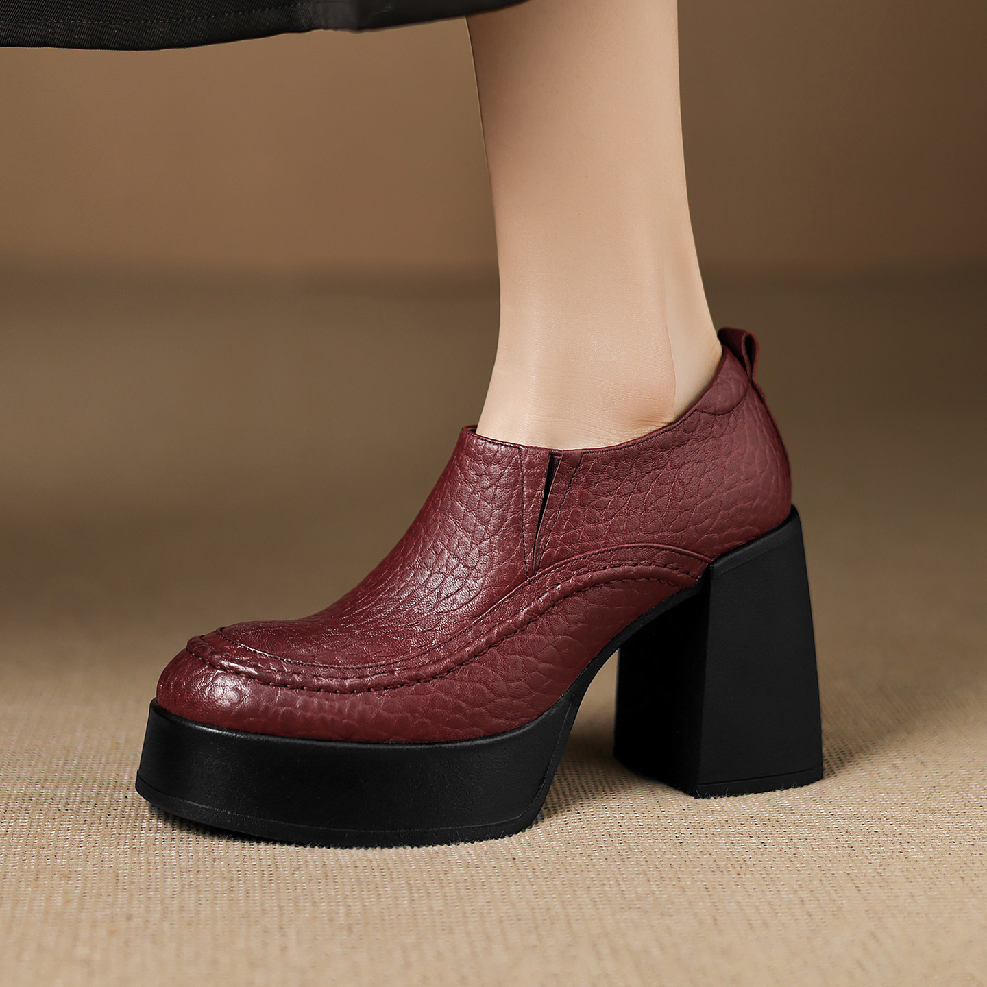 防水台真皮小个子增高深口小皮鞋