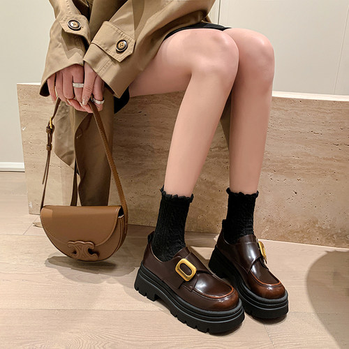 复古粗跟单鞋百搭增高黑色小皮鞋