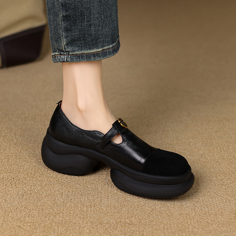 真皮厚底粗跟一脚蹬深口单鞋女