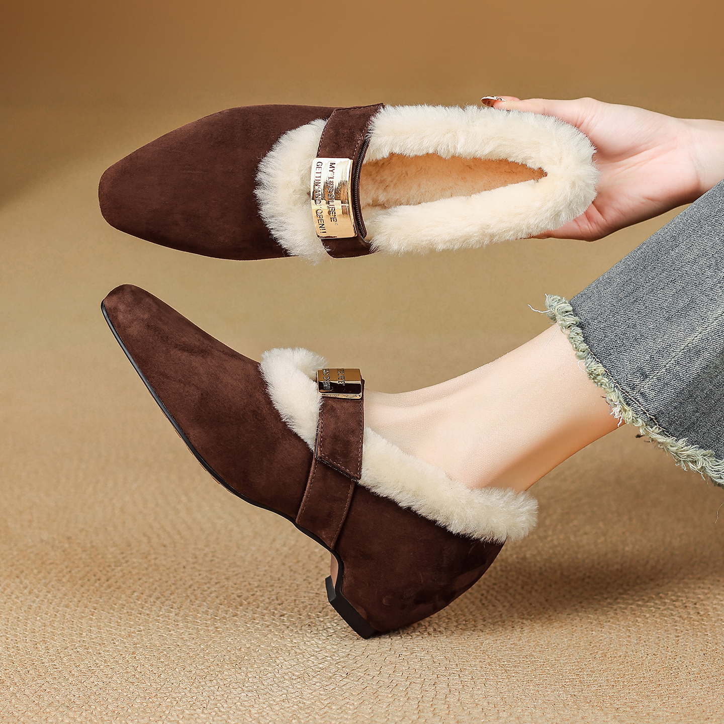 冬季新款棕色复古羊毛鞋百搭棉鞋