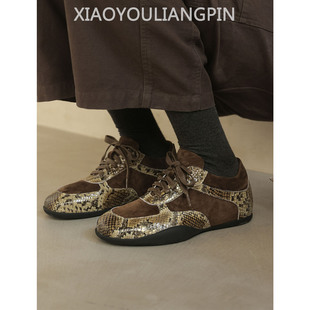 真皮平底系带休闲运动阿甘板鞋 2026新款 女款 3cm蛇纹内增高德训鞋