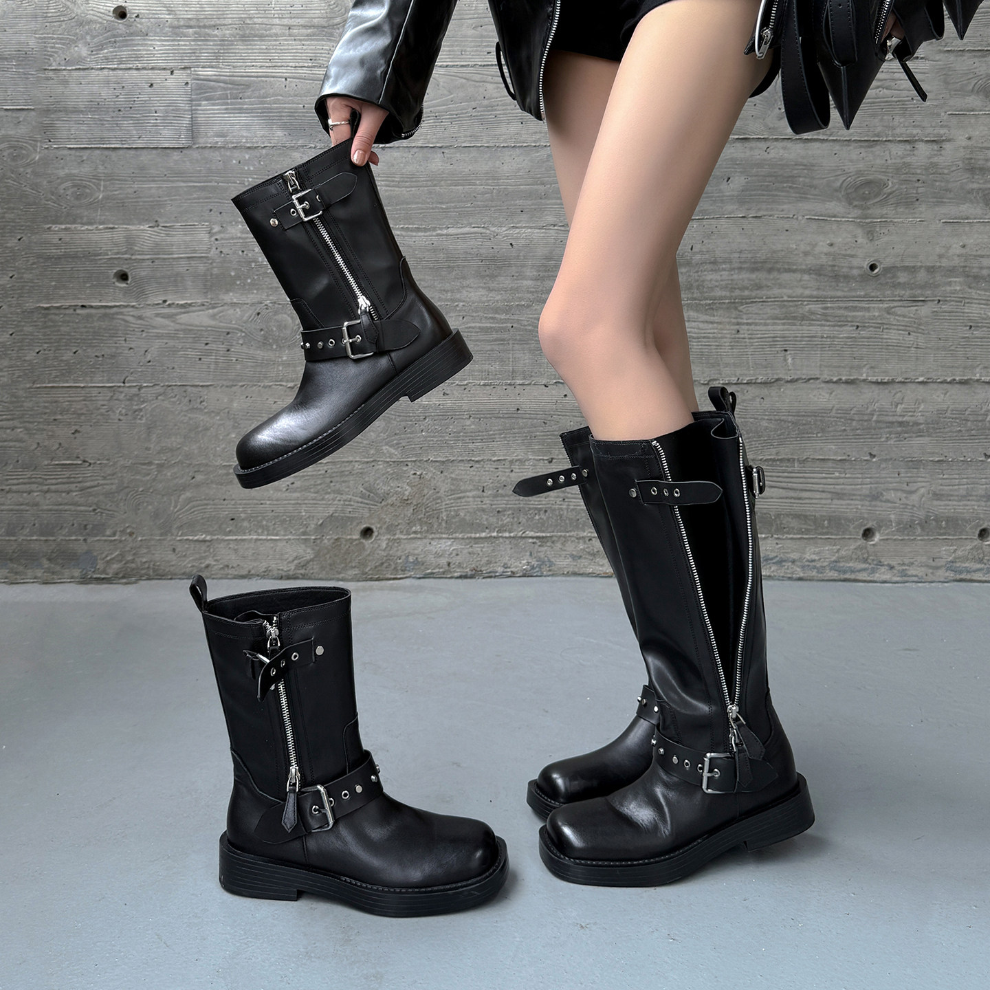 小悠~时尚搭扣增高厚底长靴子女2026新款真皮瘦瘦靴中高筒骑士靴