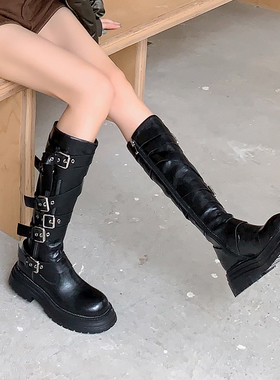 欧美高筒西部牛仔靴女厚底皮带扣棕色骑士靴胖MM大筒围真皮长筒靴