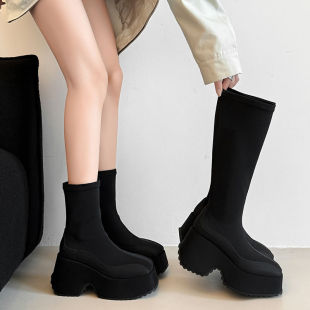 9cm厚底高跟弹力瘦瘦靴女英伦风辣妹洋气高筒袜靴百搭松糕短靴子