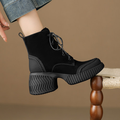 秋冬坡跟高跟鞋系带英伦风马丁靴