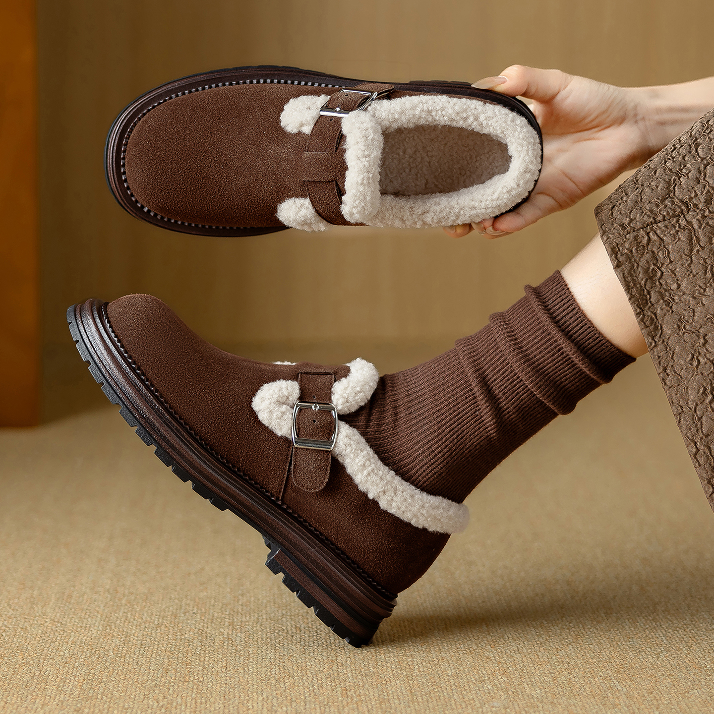 勃肯鞋女冬新款加绒保暖毛毛单鞋