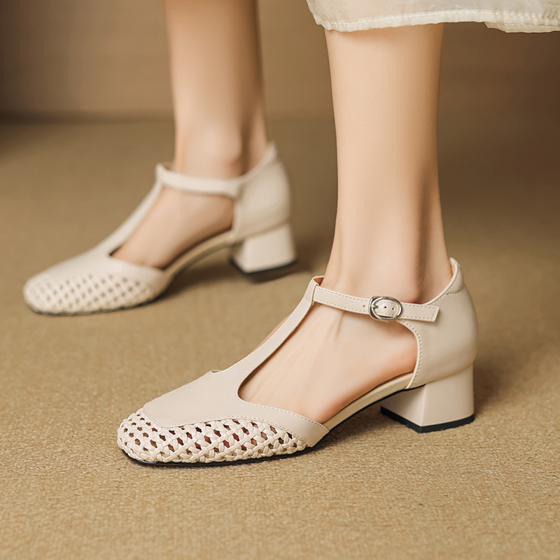 真皮编织镂空T字带玛丽珍凉鞋女