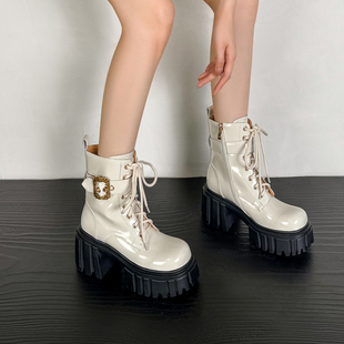 9cm厚底增高马丁靴女2025新款 真皮甜酷扣带骑士靴超高跟机车短靴