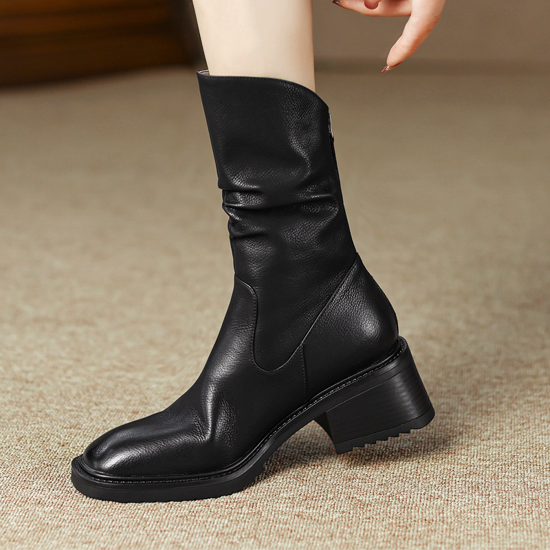 新款烟筒短靴粗跟中筒瘦瘦马丁靴