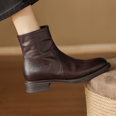 3.5cm真皮牛皮粗跟圆头短靴