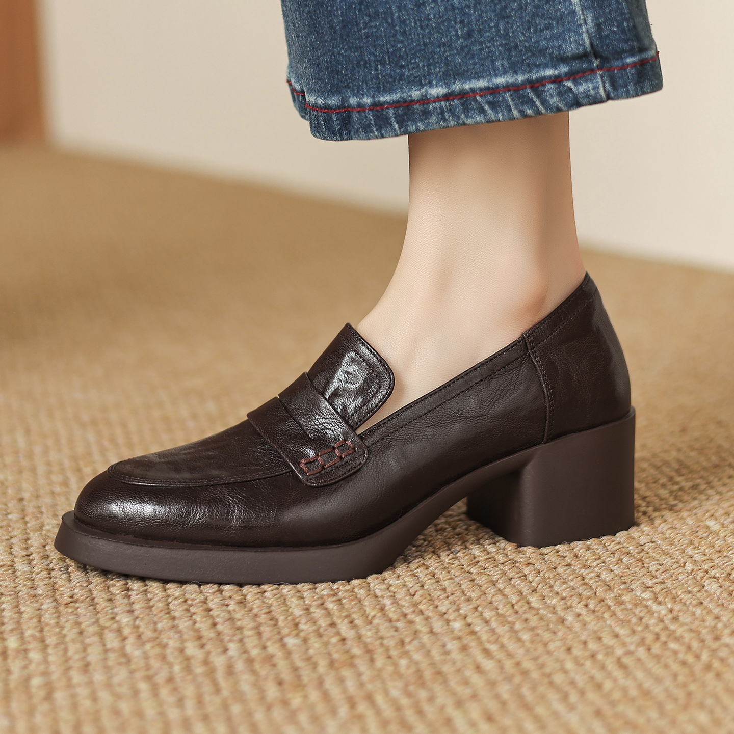 加绒保暖单鞋粗跟高跟小皮鞋