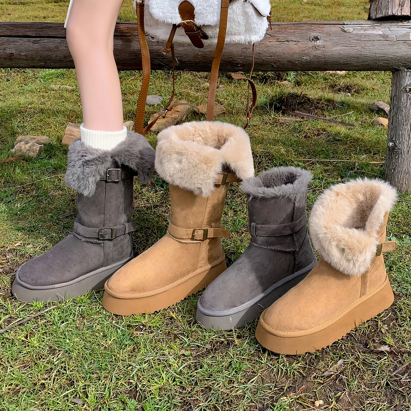 4cm扣带厚底增高翻边雪地靴女