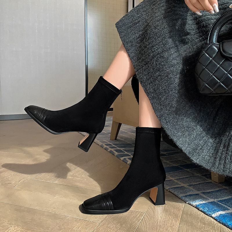 法式气质方头瘦瘦靴女冬新款粗跟