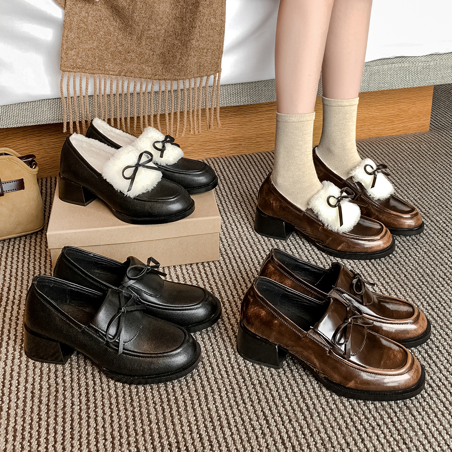 蝴蝶结保暖小皮鞋通勤毛毛棉鞋