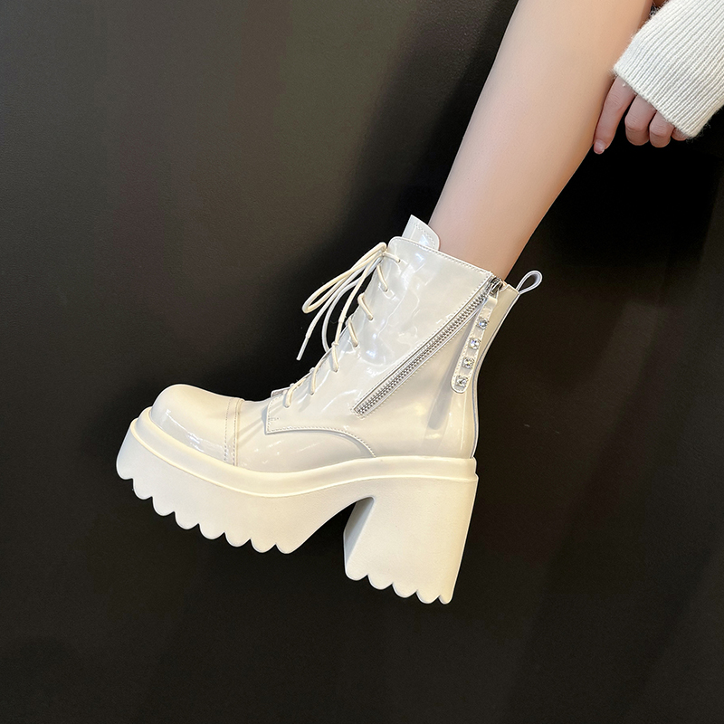 真皮欧洲站超高跟粗跟马丁靴女冬