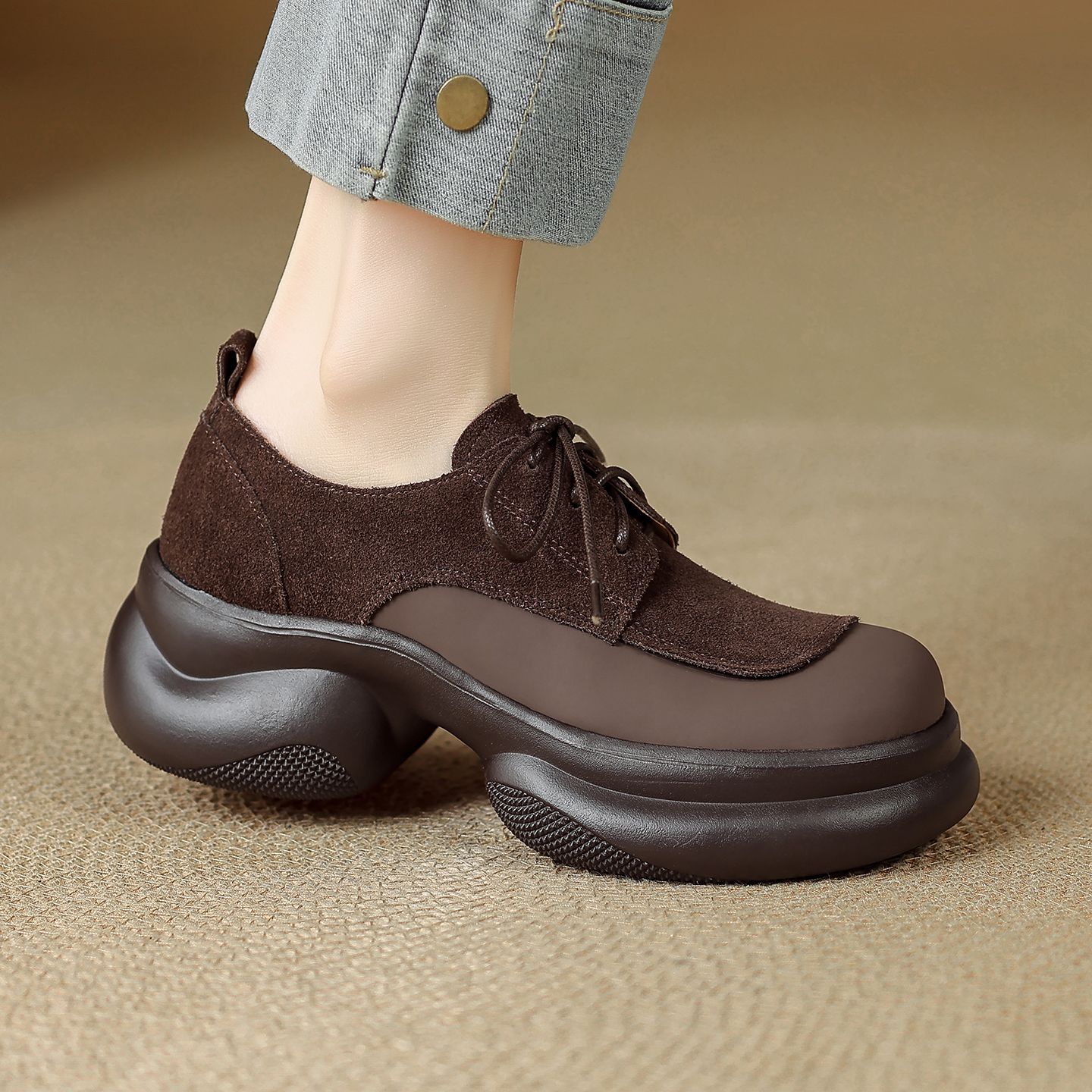 6cm英伦风真皮圆头厚底乐福鞋