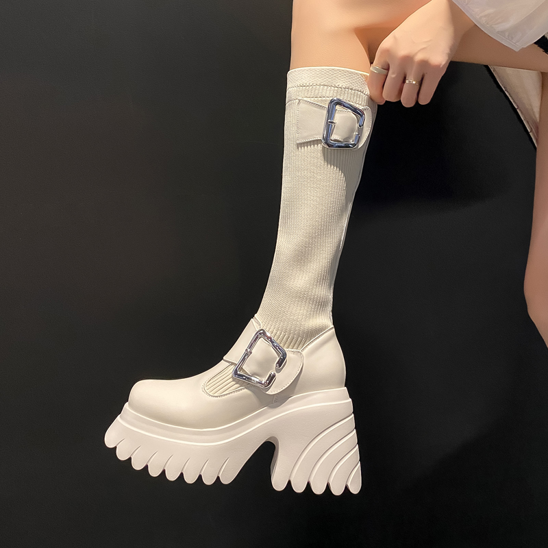 骑士靴不过膝高筒针织长筒袜靴