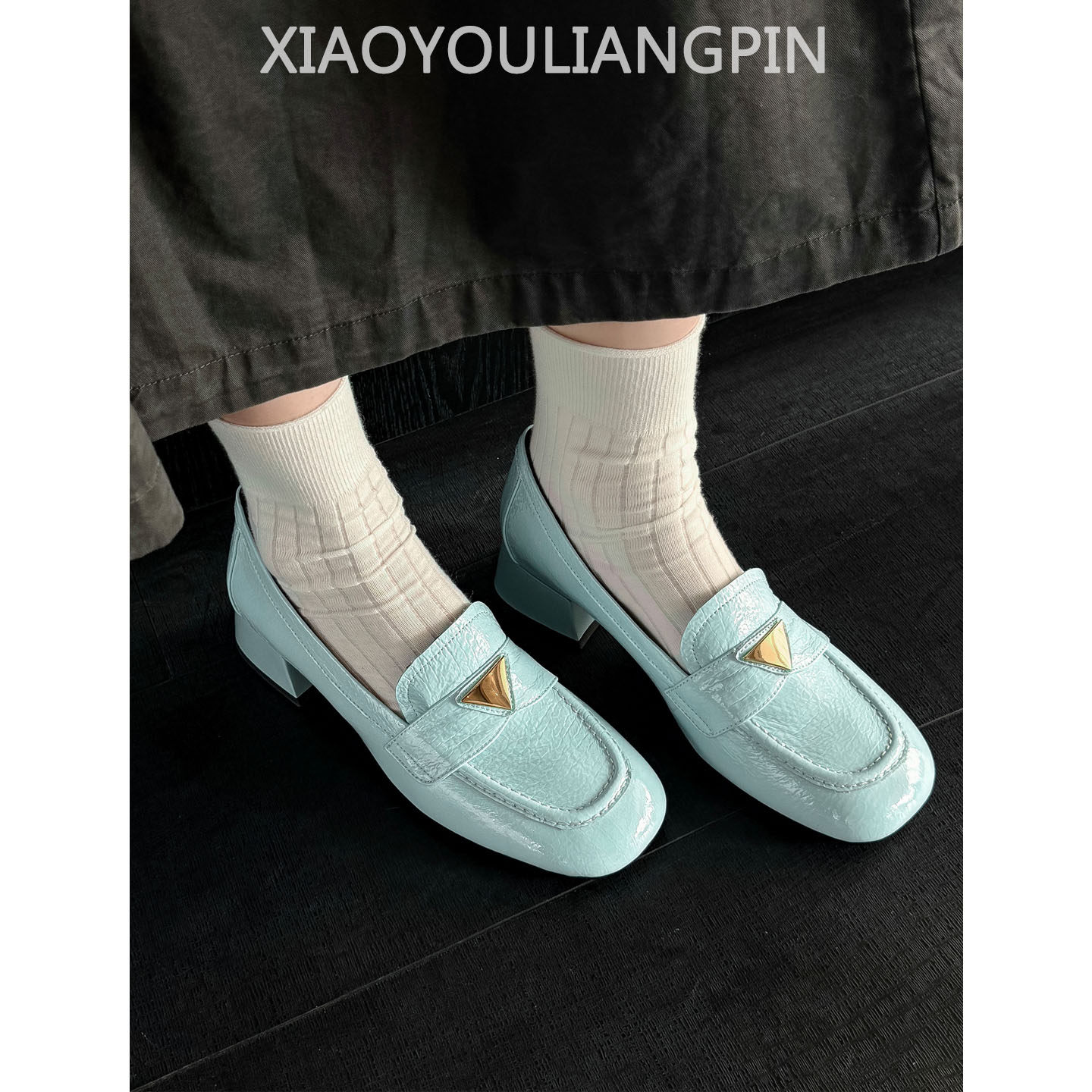 小悠~法式粗跟中跟单鞋女2026春新款一脚蹬真皮小皮鞋蓝色乐福鞋