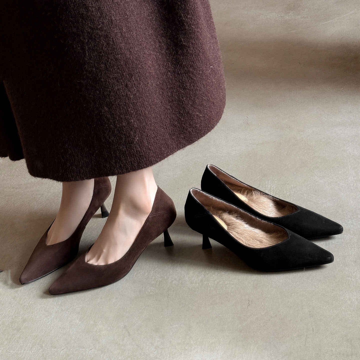 5.5cm磨砂皮尖头细跟毛毛鞋女鞋2025新款加绒保暖棉鞋通勤高跟鞋