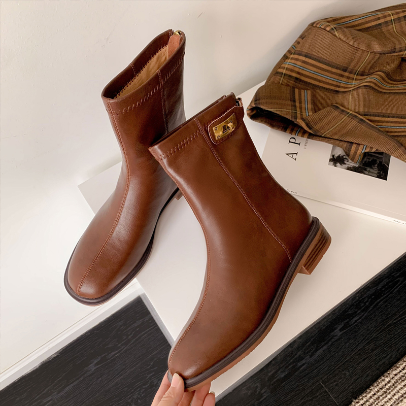 圆头舒适短靴平底烟筒瘦瘦马丁靴