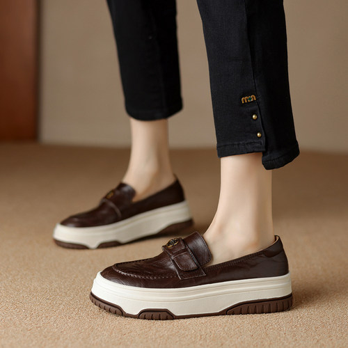 复古轻熟百搭松糕厚底拼色乐福鞋