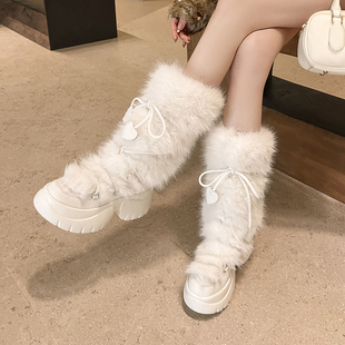 7cm真皮加绒加厚雪地靴女毛毛长筒靴子辣妹风厚底超高跟保暖棉靴