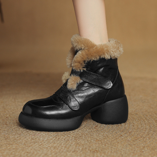 6.5cm羊皮保暖加绒加厚短靴女2025新款 高跟魔术贴雪地靴厚毛棉鞋
