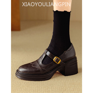 T字扣带小皮鞋 粗跟单鞋 女2026新款 7.5cm真皮厚底增高圆头玛丽珍鞋