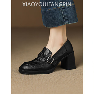 百搭粗跟单鞋 皮带扣小皮鞋 女2026新款 7.5cm羊皮静音底高跟乐福鞋