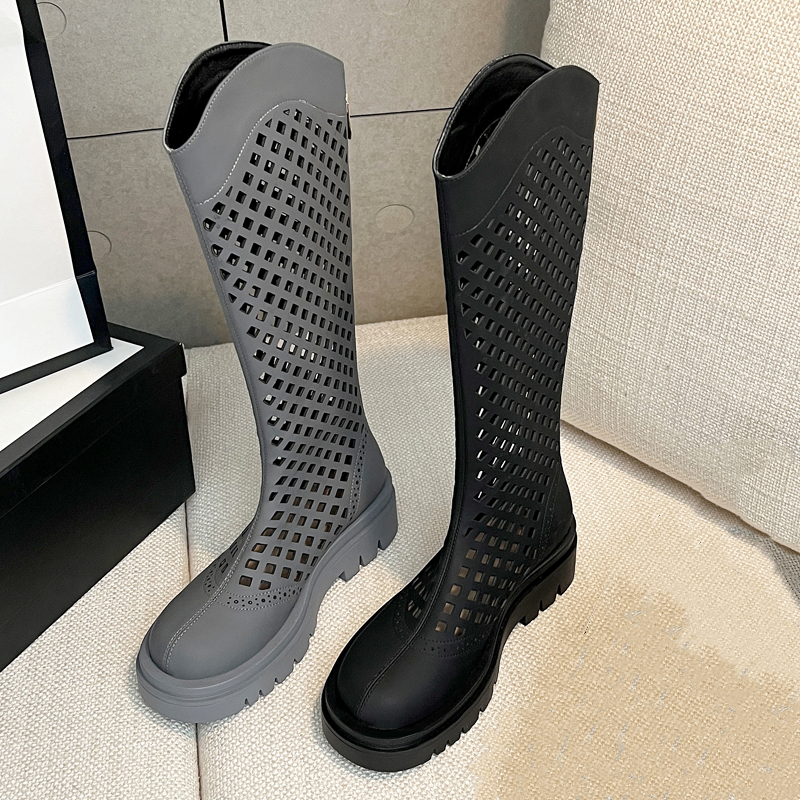 镂空透气复古骑士靴厚底洞洞凉靴