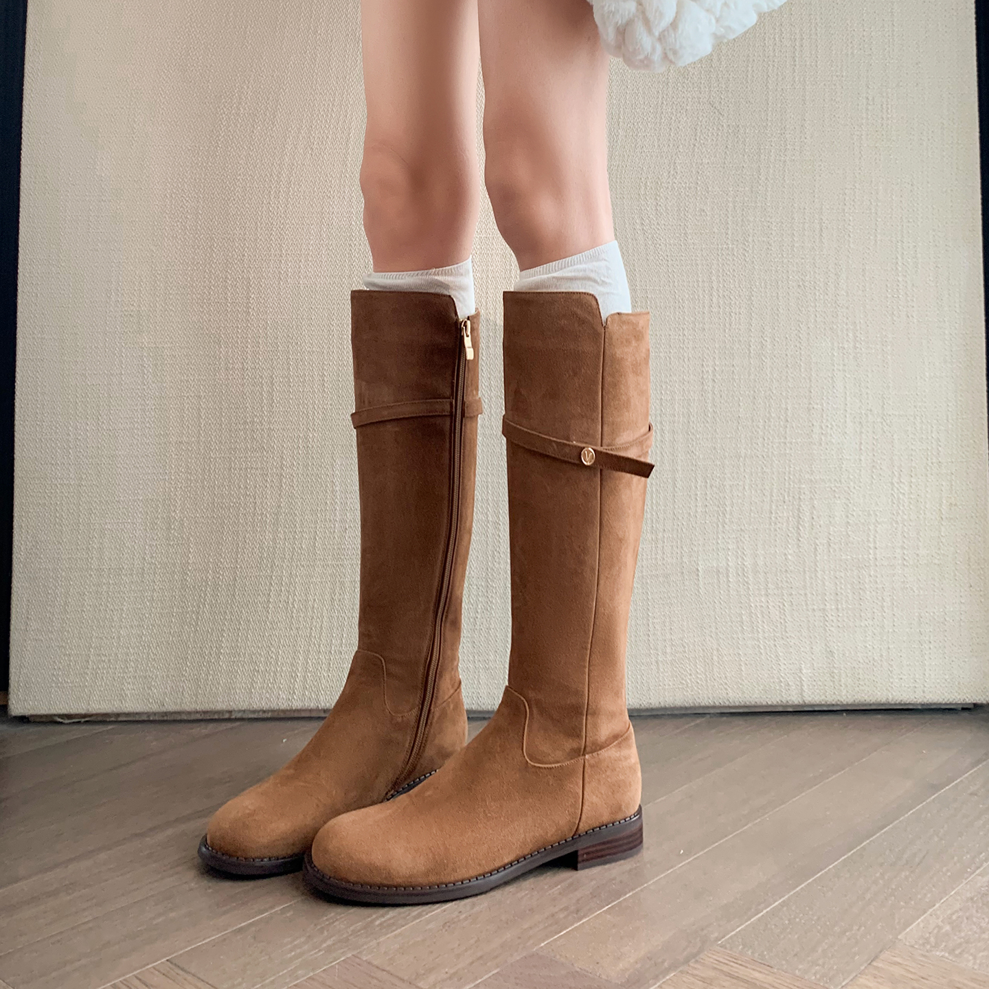 磨砂真皮胖mm大筒围显瘦骑士靴