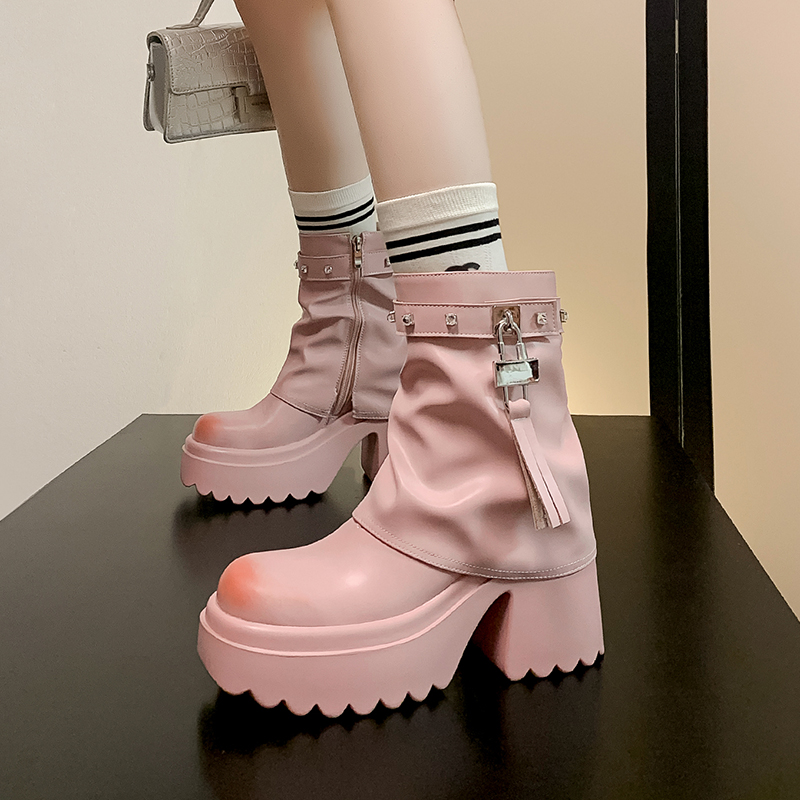 小个子裤管靴女粉色厚底短靴锁扣