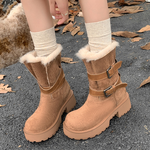 增高短靴子防水东北保暖中筒棉鞋 7.5cm厚底雪地靴女2025新款 冬季
