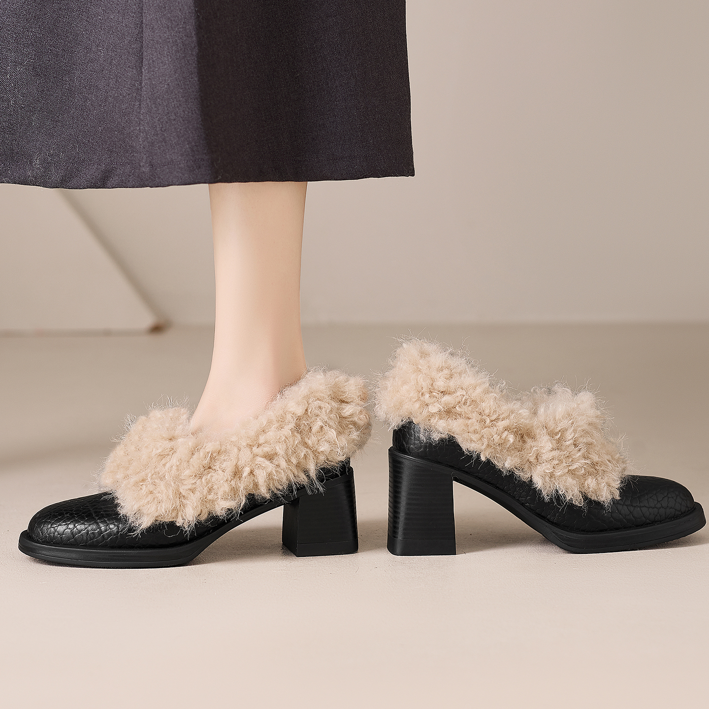 7.5cm真皮粗跟加绒保暖毛毛单鞋