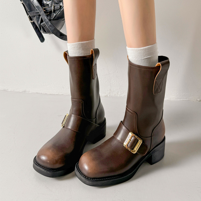 真皮做旧擦色金属扣粗跟短靴子女