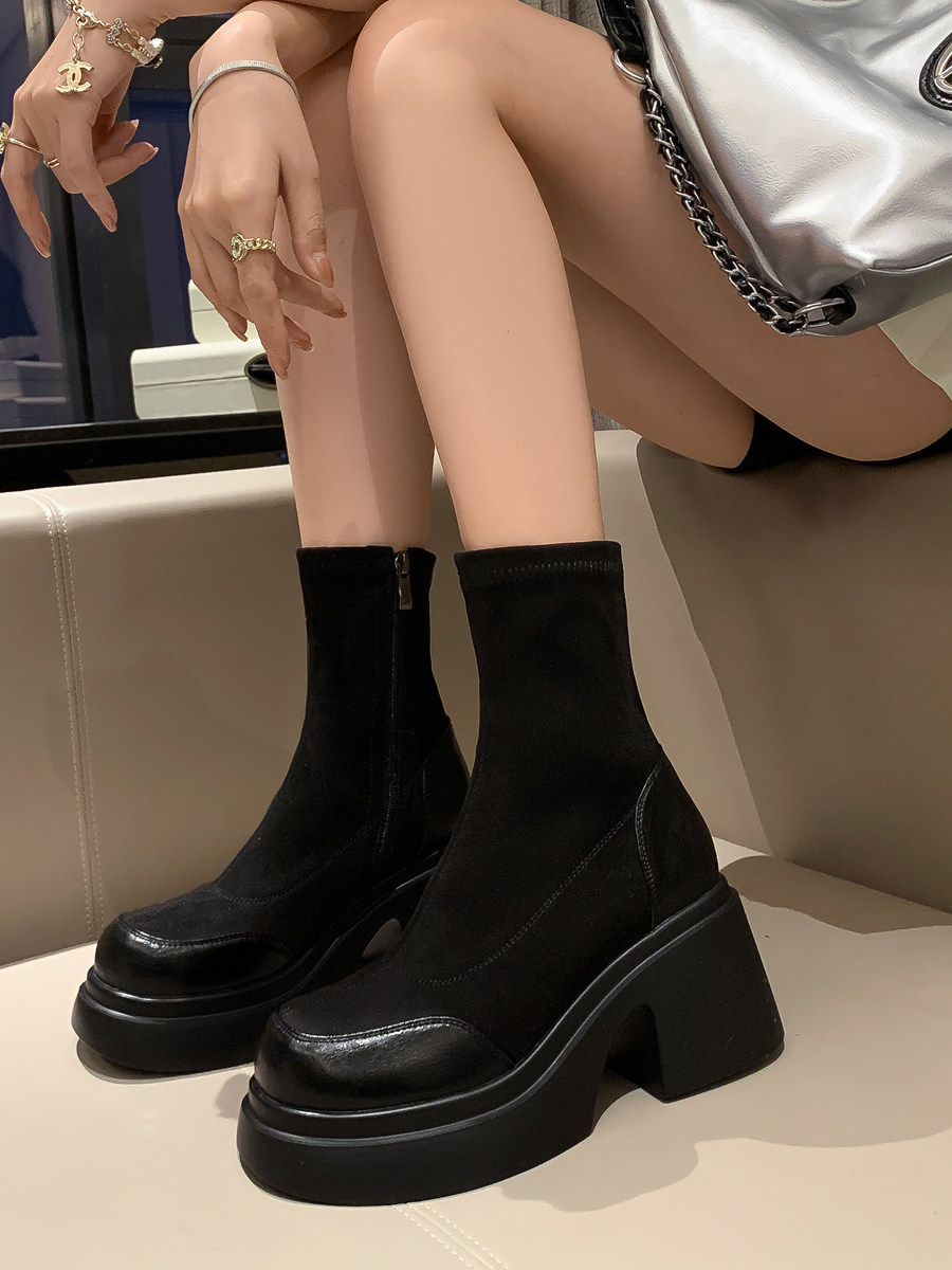 PLATFORM BOOTIES WOMENS 2024 NEW AUTUMN STRETCH SKINNY BOOTS BRITISH STYLE RETRO MARTIN BOOTS BROWN SINGLE BOOTS