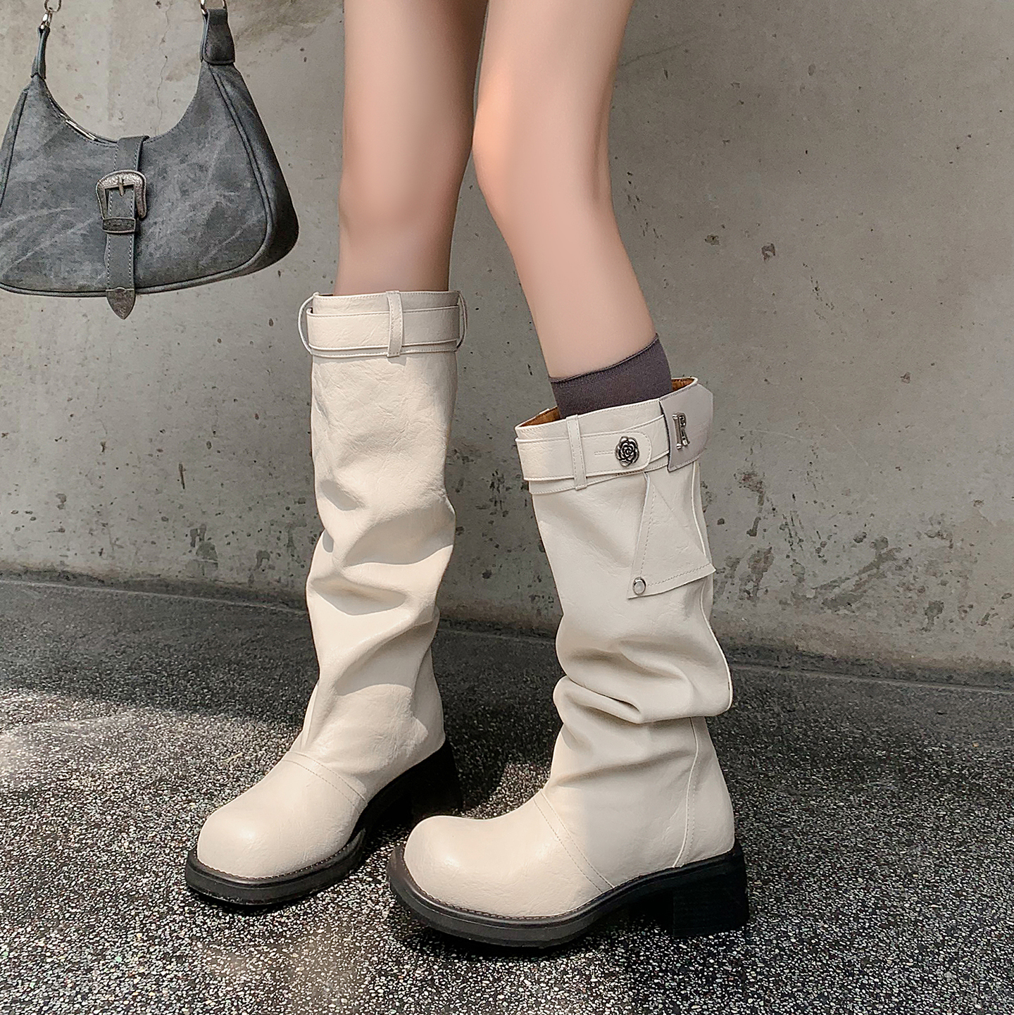 5cm辣妹大筒围堆堆靴高筒靴女