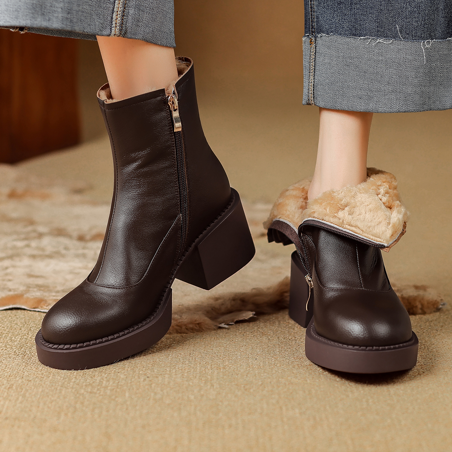 高跟瘦瘦短靴羊皮毛一体雪地靴