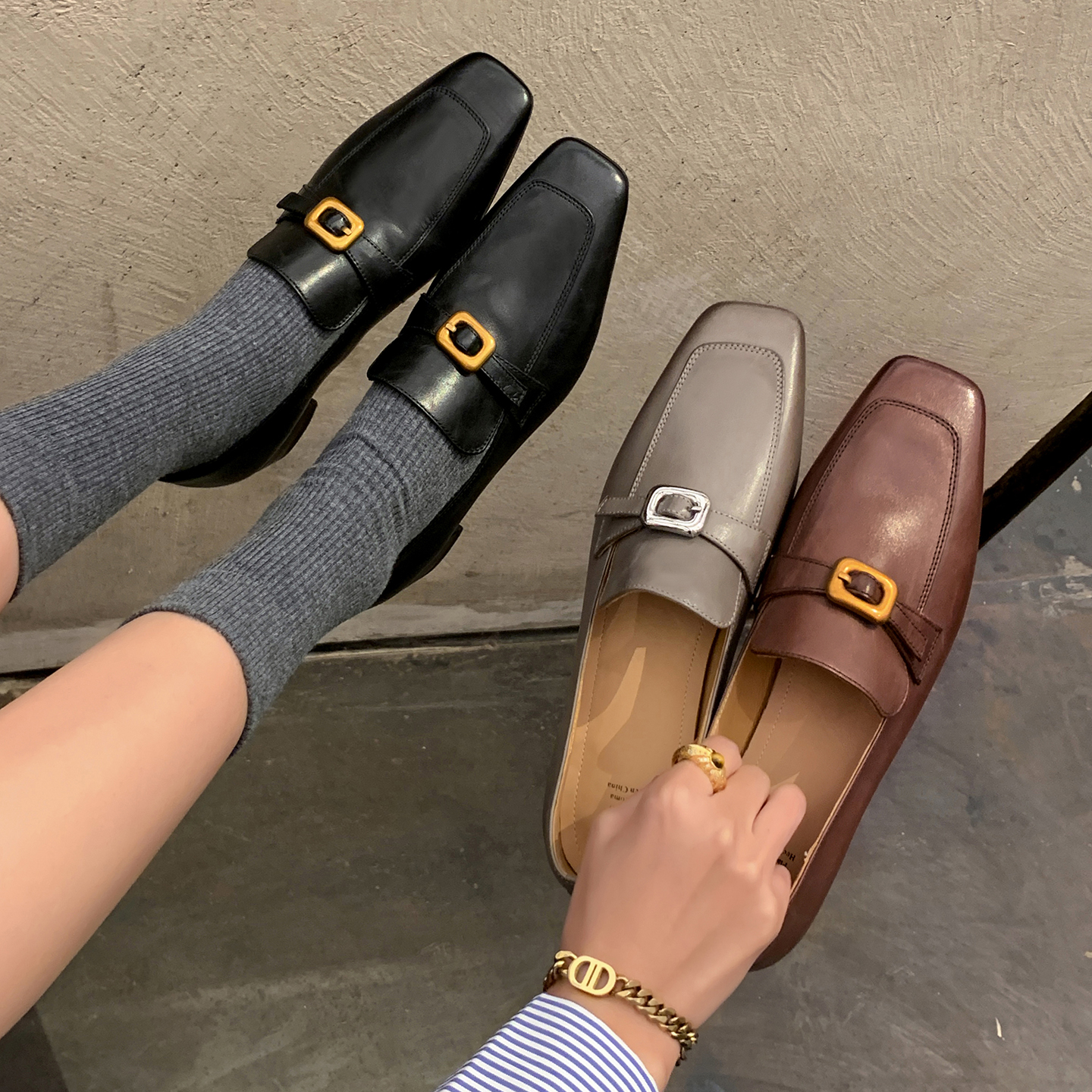 复古方头通勤小皮鞋一脚蹬乐福鞋