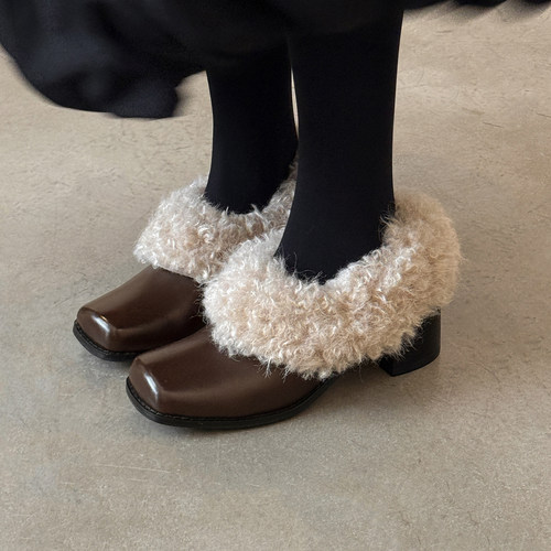 粗跟圆头加绒保暖毛毛单鞋女冬