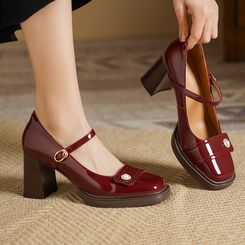 粗跟单鞋百搭气质一字带玛丽珍鞋