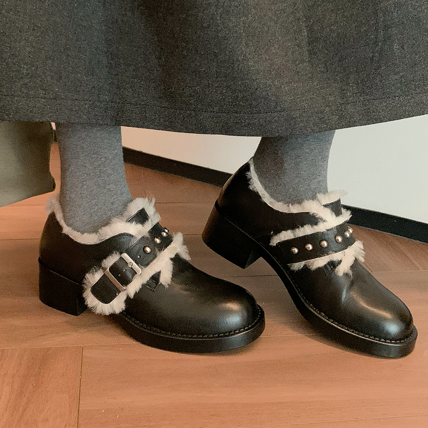 百搭皮带扣粗跟加绒保暖单鞋