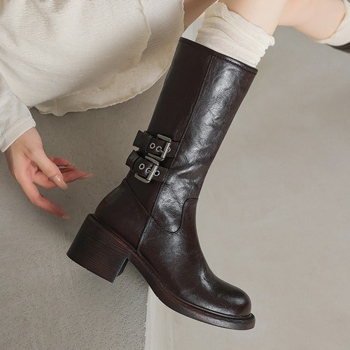 新款皮带扣西部牛仔靴高筒骑士靴